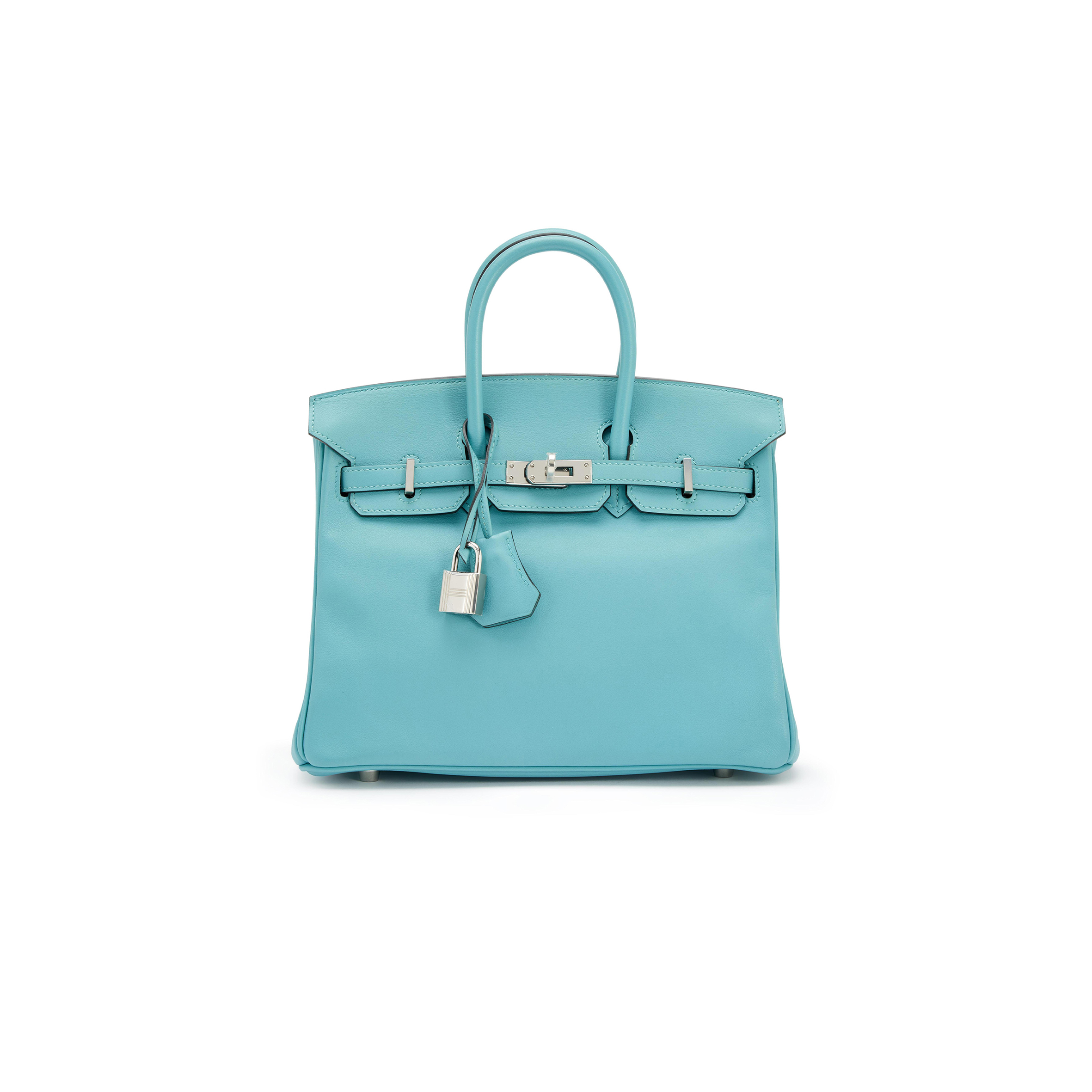 HERMÈS BIRKIN 25 SWIFT LEATHER MACAROON BLUE LINING 3Q PINK SILVER BUCKLE H049362CK15 (25*20*13cm)